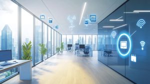 Ilustração de Wi-Fi 6 em ambiente corporativo, com dispositivos conectados, rede moderna e elementos visuais de tecnologia sem fio.